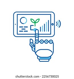 Vector Smart Farming. Outline Icon Robotic Hand Touching Screen of a Digital Tablet with Plant and Diagrams.