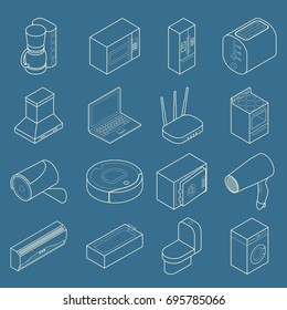 Vector Smart Home Icon Set In Modern Thin Line Style. Isometric Home Appliances And Computer Equipment Symbols, Design Elements.