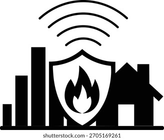 Vector smart home safety icon with house, fire shield, signal bars, and wifi waves, isolated on white background