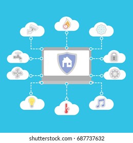Vector smart home in your computer. Smart house control system. Illustration on blue background for business project