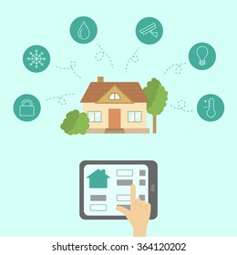 Vector smart house concept. Security, conditioning, humidity, surveillance, lightning, temperature flat line icons.