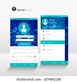 Vector smart mobile phone log in and side panel UI (User interface) mock up set.