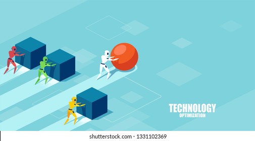 Vector of a smart modern robot pushing a sphere leading the race against a group of slower robots pushing boxes. Winning strategy in technology development concept