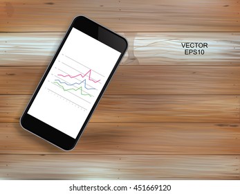 Vector smart phone and abstract business graph on screen with vintage wood texture background.