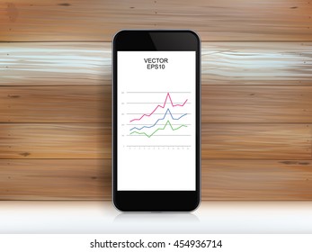 Vector smart phone and abstract business graph on screen with vintage wood texture background.