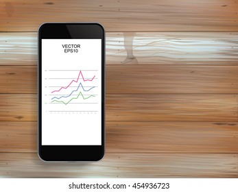 Vector smart phone and abstract business graph on screen with vintage wood texture background.