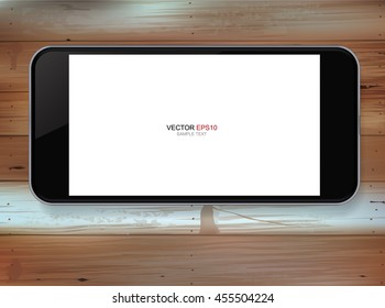 Vector smart phone with empty white screen lying on grunge vintage wood texture background.