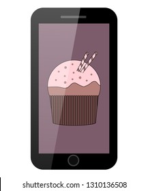 Vector Smart phone flat cartoon illustration for advertisement web sites banners infographics design. Cake.