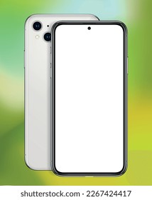 Vector smart phone mockup on green background with blank screen. Cell phone template design with front and back view set.