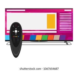 Vector smart tv concept - illustration in flat style with apps and video player on screen and remote control
