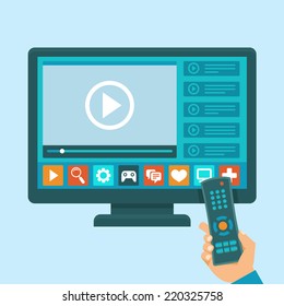 Concepto de televisión inteligente vectorial - ilustración en estilo plano con aplicaciones y reproductor de vídeo en pantalla y control remoto con mano