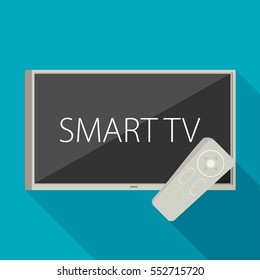 Vector smart tv concept - illustration in flat style with apps and video player on screen and remote control