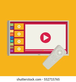 Vector smart tv concept - illustration in flat style with apps and video player on screen and remote control