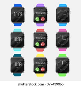  Vector Smart watch colorful of different colors band. Smart watches icon with smartwatch interface. Isolated on white background. Pink,green, blue, black band.
