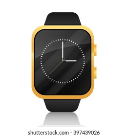 Vector Smart watch Gold with black band. Vector illustration Gold watches icon with smartwatch interface. Isolated on white background