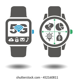 Infografik für intelligente Vectoruhren. Vorlage Geschäftskonzept in Uhrform, Präsentation. Uhr, Armbanduhr, intelligente Uhren, 5g, drahtlos. Geschäftskonzept Smartwatch. Uhrensymbol 10, Uhr.