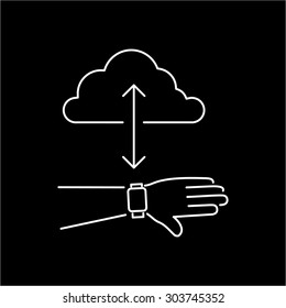 Vector smart watch linear icon with syncing smartwatches on hand gesture with cloud | flat design thin line white modern illustration and infographic isolated on black background