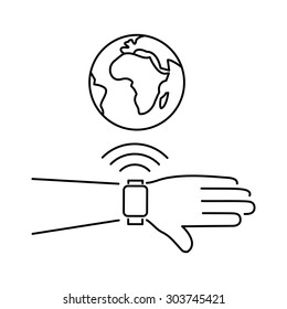 Vector smart watch linear icon with smartwatches on hand wirelessly connected to the internet world gesture | flat design thin line black modern illustration and infographic on white background