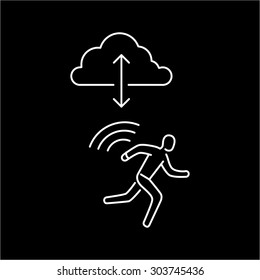 Vector smart watch linear icon with sportsman runnig with smartwatches wireless synchronization via cloud | flat design thin line white modern illustration and infographic isolated on black background