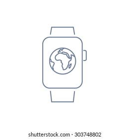 Vector smart watch linear icon with globe on smartwatch display | flat design thin line blue and red modern illustration and infographic isolated on white background