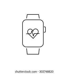 Vector smart watch linear icon with heartbeat on smartwatch screen | flat design thin line black modern illustration and infographic isolated on white background