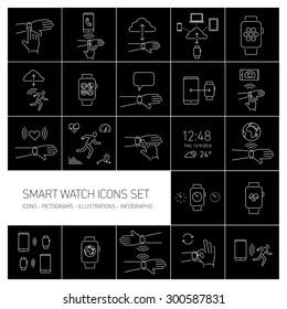 Vector smart watch linear icons set with hand gestures and pictograms | flat design thin line white modern illustration and infographic isolated on black background