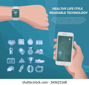 Vector smart watch and smartphone fitness sport concept. Wearable technology. Screen tracking app info.