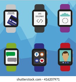 Vector smart watches icons with app development, payment, synchronization and conference