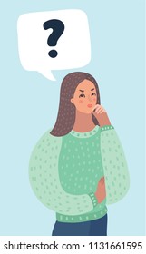 Vector smart woman face with question marks in speech bubble above. Female character on white background.