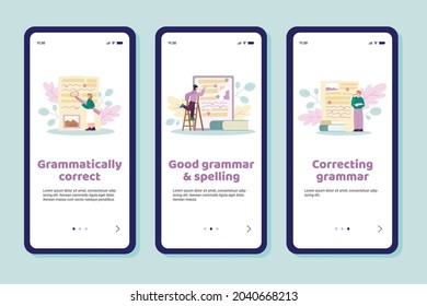 Vector smartphone apps for searching and editing grammar and punctuation mistakes on paper or online. Concept of copywriting or creative write, distant education, exam results.