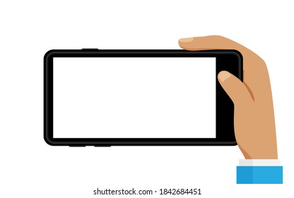vector smartphone blank screen in hand business man isolated on white, hand holding mobile phone with white screen, touch screen smartphone in a hand