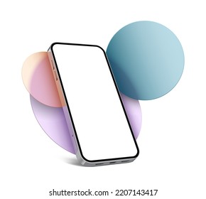 Vector smartphone with a blank screen on a background of frozen glass circles. free space template for your text in a circle