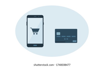 Vector de un smartphone con un símbolo de pago o un carrito de la compra en la pantalla junto a una tarjeta de crédito. Ilustración muestra una compra en línea o de aplicación que se realiza en un teléfono celular aislado contra el fondo.