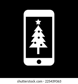 Vector smartphone with christmas tree icon | white flat design pictogram isolated on black background