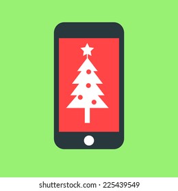 Vector smartphone with christmas tree icon | flat design pictogram isolated on green background