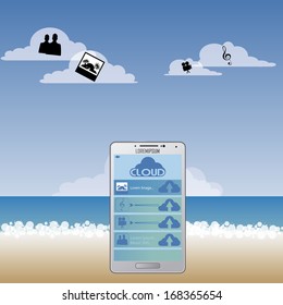 Vector Smartphone With A Cloud Service Application And Representation Of The Archives In The Cloud