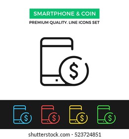 Vector smartphone and coin icon. Premium quality graphic design. Modern signs, outline symbols collection, simple thin line icons set for websites, web design, mobile app, infographics