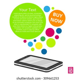 Vector smartphone with colorful circles with text. Phone ad concept.