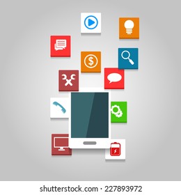 vector smartphone device concept with applications (app) icons in flat design