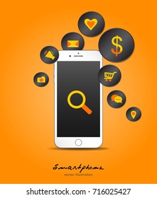 vector smartphone device concept with applications icons in flat design, Black icon, infographics, mobile, Technology design, signs template