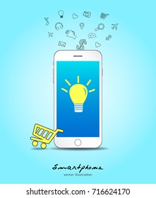 vector smartphone device concept with applications icons in flat design, Yellow icon, infographics, mobile, Technology design, signs template