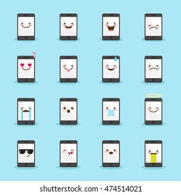 Vector smartphone emoji set. Funny cartoon emoticons.