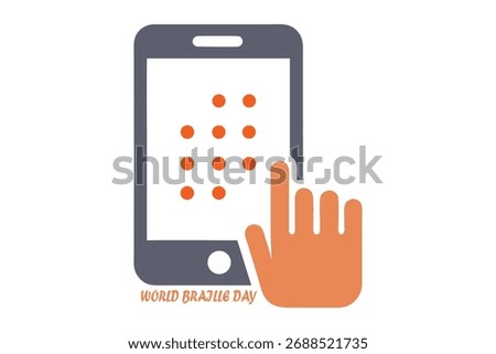 Vector of a smartphone featuring a Braille display overlay with raised characters. Finger, phone, and Braille layers are separate, emphasizing accessible technology and tactile interaction.