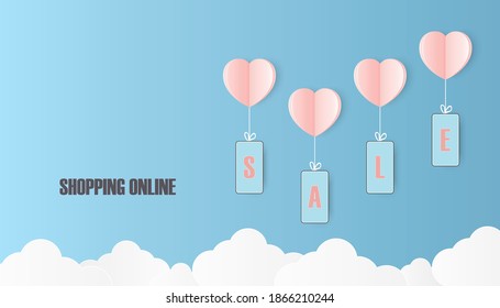 Vector smartphone floating with pink heart paper shape balloon and showing word “SALE” on blue sky color background. Love mobile shopping online concept.