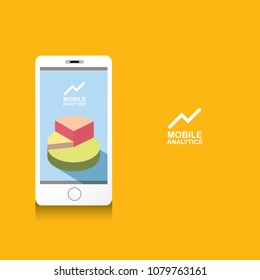 Vector Smartphone with graph and charts on screen isolated on orange background. Mobile marketing analytics or big data concept icon. Mobile infographic design template.