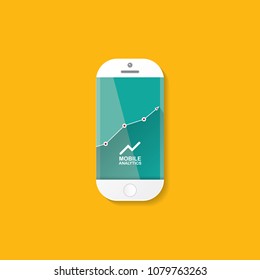 Vector Smartphone with graph and charts on screen isolated on orange background. Mobile marketing analytics or big data concept icon. Mobile infographic design template.