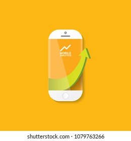 Vector Smartphone with graph and charts on screen isolated on orange background. Mobile marketing analytics or big data concept icon. Mobile infographic design template.