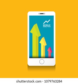 Vector Smartphone with graph and charts on screen isolated on orange background. Mobile marketing analytics or big data concept icon. Mobile infographic design template.