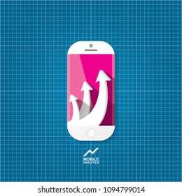 Vector Smartphone with graph and charts on screen isolated on blueprint background. Mobile marketing analytics or big data concept icon. Mobile infographic design template.