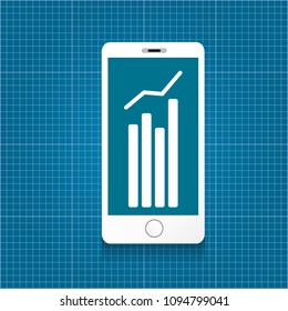 Vector Smartphone with graph and charts on screen isolated on blueprint background. Mobile marketing analytics or big data concept icon. Mobile infographic design template.